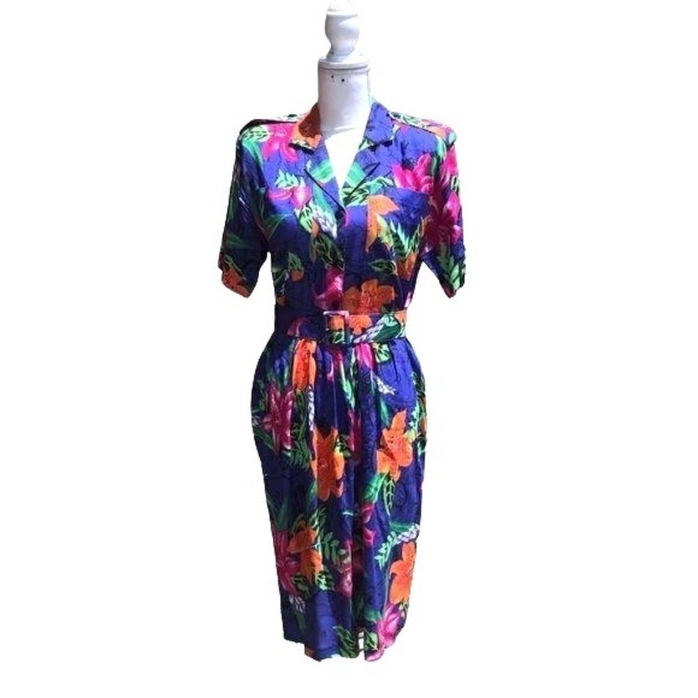 Jeffrey & Dara By Linda Hutley Dress Womens Size 10 Tropical Floral Dress Belt